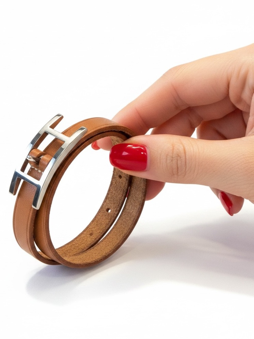 Hermes Tan Leather Triple Wrap Bracelet with Silver H Buckle